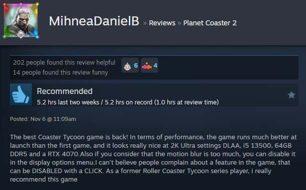 Screenshot showing Steam user reviews of Planet Coaster 2.